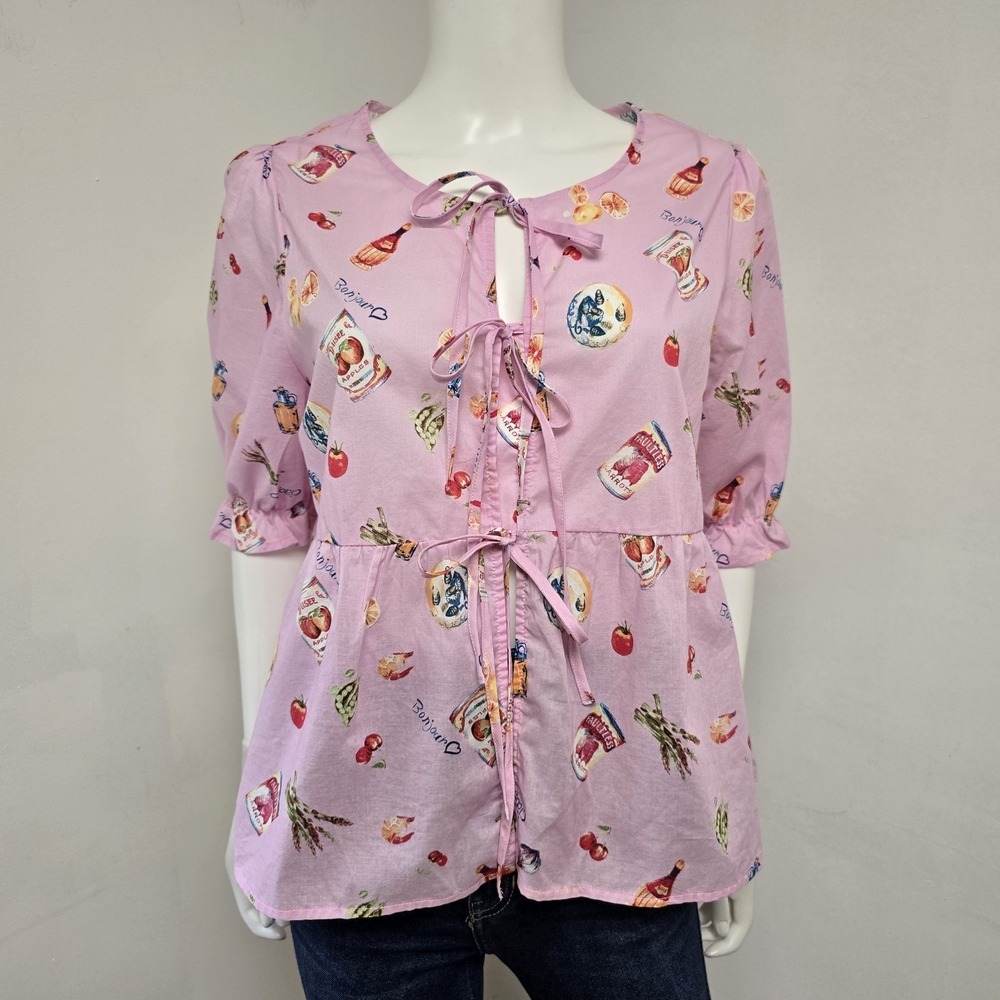 Haver & Blair Top Shirt Size M Food Print Tie Front Novelty Short Sleeve New